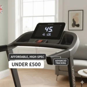A high-spec motorised treadmill available for under £500, showing the digital console.