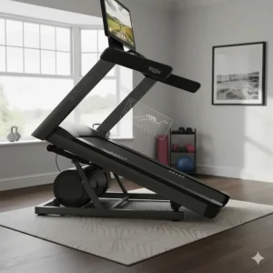 Side profile of a premium treadmill showing the automatic incline and decline deck positions for hill sprint training.