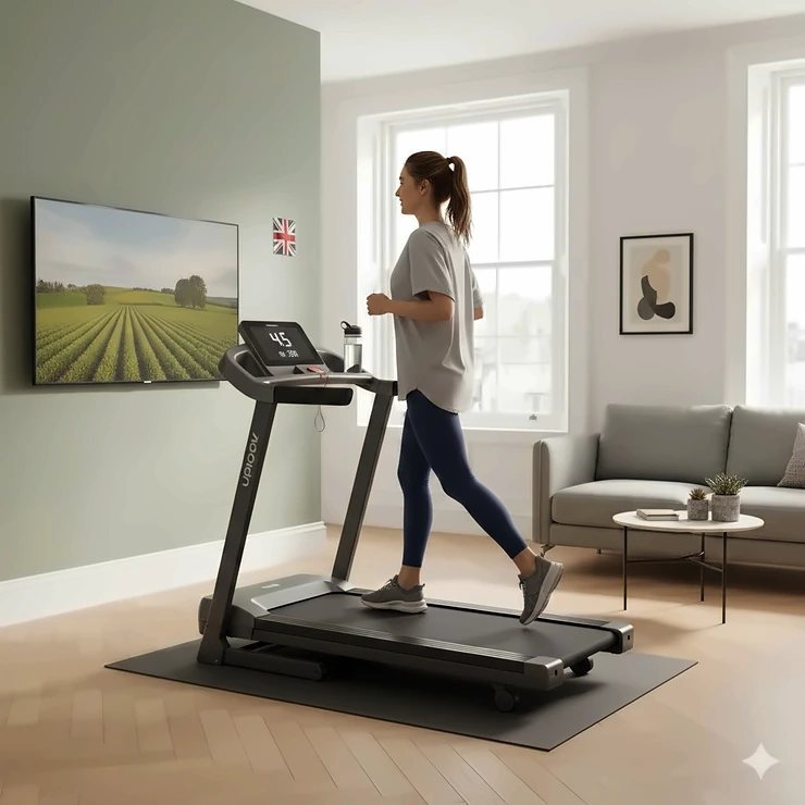 A person jogging on a quiet treadmill under £500 in a modern London flat with wooden flooring. quiet treadmill under £500 apartment