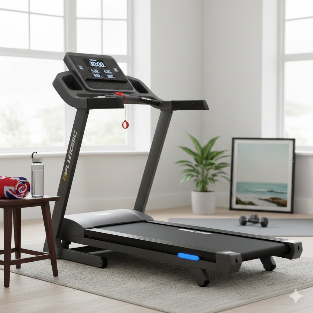 A high-quality motorised treadmill under £300 set up in a bright UK home gym.