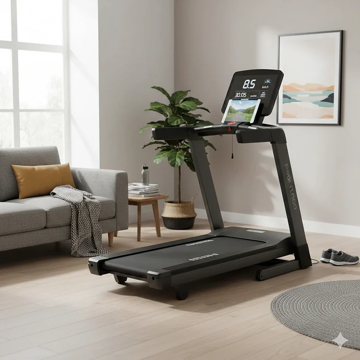 A high-quality motorised treadmill for home use, positioned in a bright UK living room, representing the best value treadmill under £500.