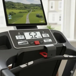 An easy-to-read treadmill console showing kilometres, pace, and heart rate for UK runners.