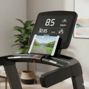 Close-up of an LED treadmill console displaying speed in km/h and distance, typical of a value treadmill under £500.
