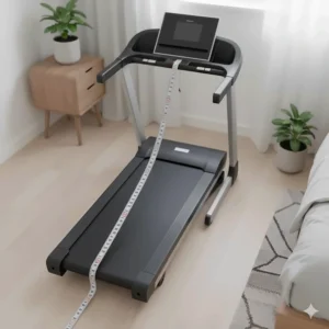 A top-down illustration showing a treadmill footprint measuring less than 2 metres to fit small UK room dimensions.