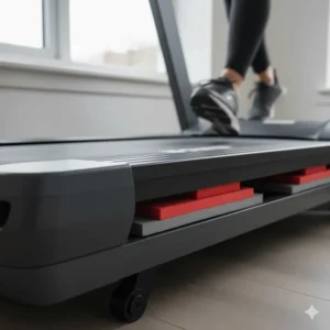 Detailed view of a wide, cushioned running belt designed to reduce joint impact during indoor training.