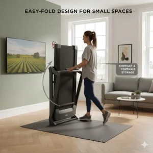 Demonstration of a folding treadmill mechanism, ideal for saving space in a British terrace house.