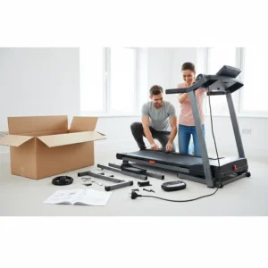 Illustration showing the easy assembly process of a value treadmill, including UK-standard tools and plugs.