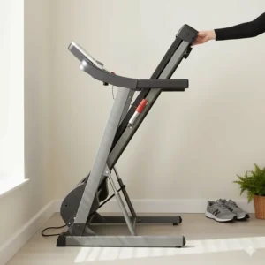 A space-saving folding treadmill for small UK flats, showing the hydraulic soft-drop system.