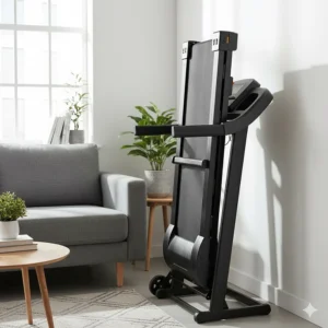 A budget-friendly treadmill folded upright to save space in a small UK flat.