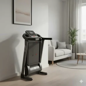 A compact folding treadmill tucked against a wall in a small flat, showing space-saving fitness equipment for UK homes.