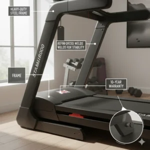 A detailed view of a reinforced heavy-duty steel treadmill frame highlighting the durable construction and 10-year warranty for long-term reliability.