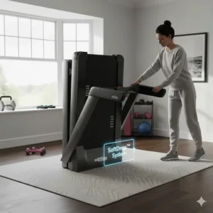 A premium folding treadmill being easily lowered using a hydraulic SoftDrop system in a British spare room.