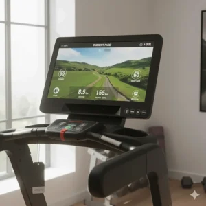 Close-up of an interactive treadmill touchscreen console showing integrated fitness apps, heart rate metrics, and a virtual running route through a park.