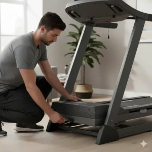 A person adjusting the manual incline setting on a budget-friendly treadmill to increase workout intensity.