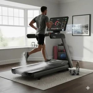 A professional runner performing a high-intensity interval training session on a sturdy, gym-grade premium treadmill.