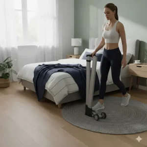 A person easily moving a lightweight treadmill on built-in wheels across a carpeted bedroom floor.