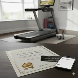 Illustration representing a lifetime frame warranty and UK-based technical support for a high-end fitness machine.