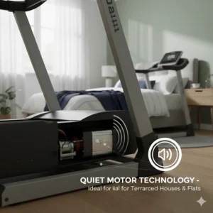 Close-up of a treadmill motor with a silent operation icon, ideal for use in terraced houses or upstairs bedrooms.