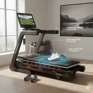 Diagram of a treadmill running deck with advanced joint-protection technology and shock-absorption cushioning to reduce impact on the knees and ankles.