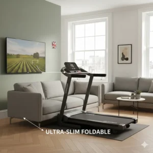 A slimline foldable treadmill being stored under a grey sofa in a compact UK living room.