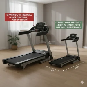 A diagram comparing a standard gym treadmill to a compact model under 2m length for small UK bedrooms.