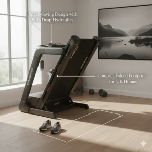 A high-quality folding treadmill with soft-drop hydraulics in its upright position, demonstrating a space-saving footprint suitable for UK homes and flats.
