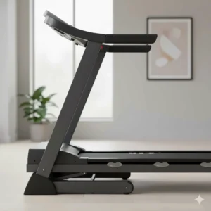 Side profile showing the sturdy steel frame and handrails of a reliable treadmill under £500.