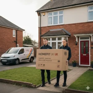 A boxed treadmill being delivered to a UK semi-detached house, illustrating ease of home assembly.