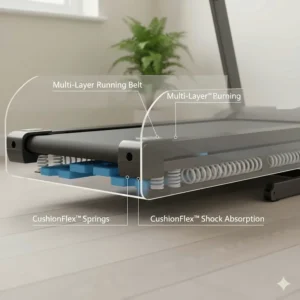 Diagram showing the shock absorption system on a running deck to protect joints during home workouts.