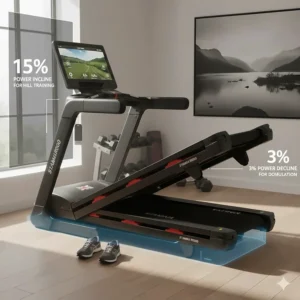 A photorealistic graphic showing a treadmill with a 15% power incline and 3% decline feature for simulating varied British outdoor terrain and hill sprints.