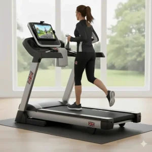 A tablet mounted on a treadmill dashboard showing connectivity to interactive running apps like Zwift.