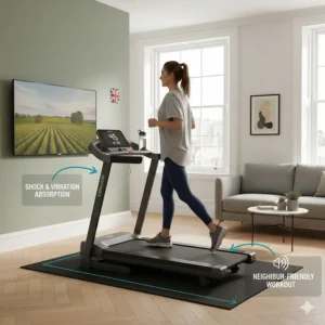 A heavy-duty rubber floor mat placed under a treadmill to reduce vibration and noise for neighbours.
