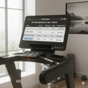 A comparison chart on a treadmill screen listing top-rated models for serious runners in the UK within the £1000 to £1500 price bracket.