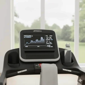 Digital console on a sub-£700 treadmill displaying various pre-set training programmes and heart rate monitoring.