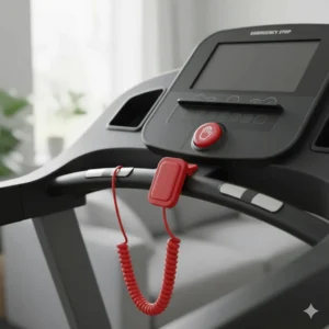 A close-up of the red safety clip and emergency stop button on an affordable treadmill.