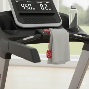 Close-up of a red emergency stop safety key attached to a treadmill console for secure home training.