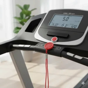 A red emergency safety clip attached to the console of a home treadmill, ensuring safe operation during a workout.