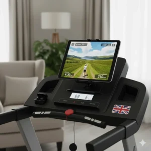 A treadmill tablet holder showing a virtual running app for interactive training at home.