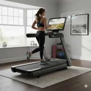 A runner using a wireless chest strap synced to a premium treadmill over £1500 for real-time heart rate zone training.