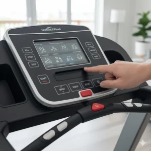 A user selecting a pre-set fitness programme on a treadmill console.