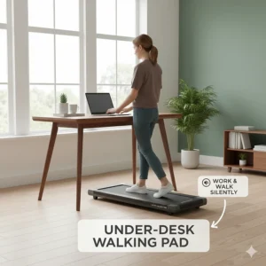 An under-desk walking pad used during a remote work session in a small home office.