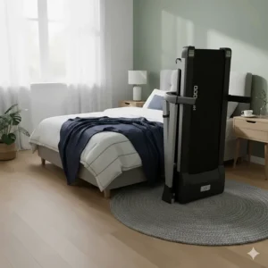 A treadmill folded vertically against a bedroom wall to maximise floor space in a small British flat.