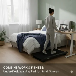 A walking pad treadmill under 2m length used with a standing desk in a combined bedroom and home office.