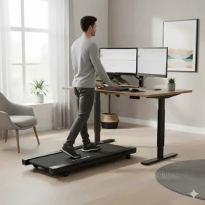 An under-desk walking pad being used at a height-adjustable desk in a home office setup.