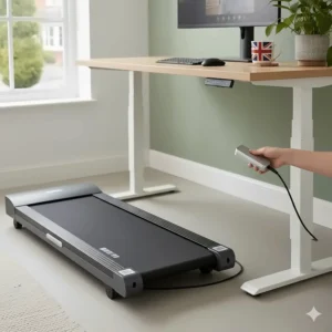 Close-up illustration showing the easy-to-use lever for adjusting the height of a compact treadmill frame.