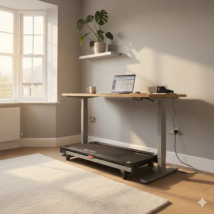 A compact, foldable treadmill positioned under a height-adjustable standing desk in a modern UK spare room office. space saving treadmill for home office