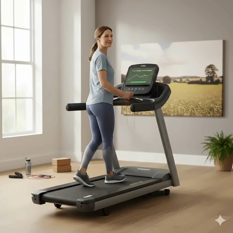 A person using a high-quality orthopaedic treadmill with cushioned decking to reduce joint impact in a bright UK home gym. treadmill for knee problems