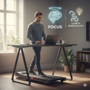 A conceptual illustration showing how gentle movement on a treadmill can improve focus and mental clarity during the British workday.