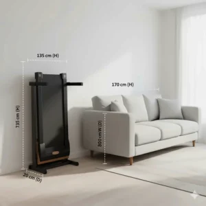 An infographic showing the dimensions of a compact treadmill compared to a standard three-seater sofa in a modern UK flat.