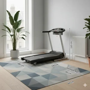 Diagram showing the small footprint and centimetre dimensions of a compact treadmill on a patterned rug.